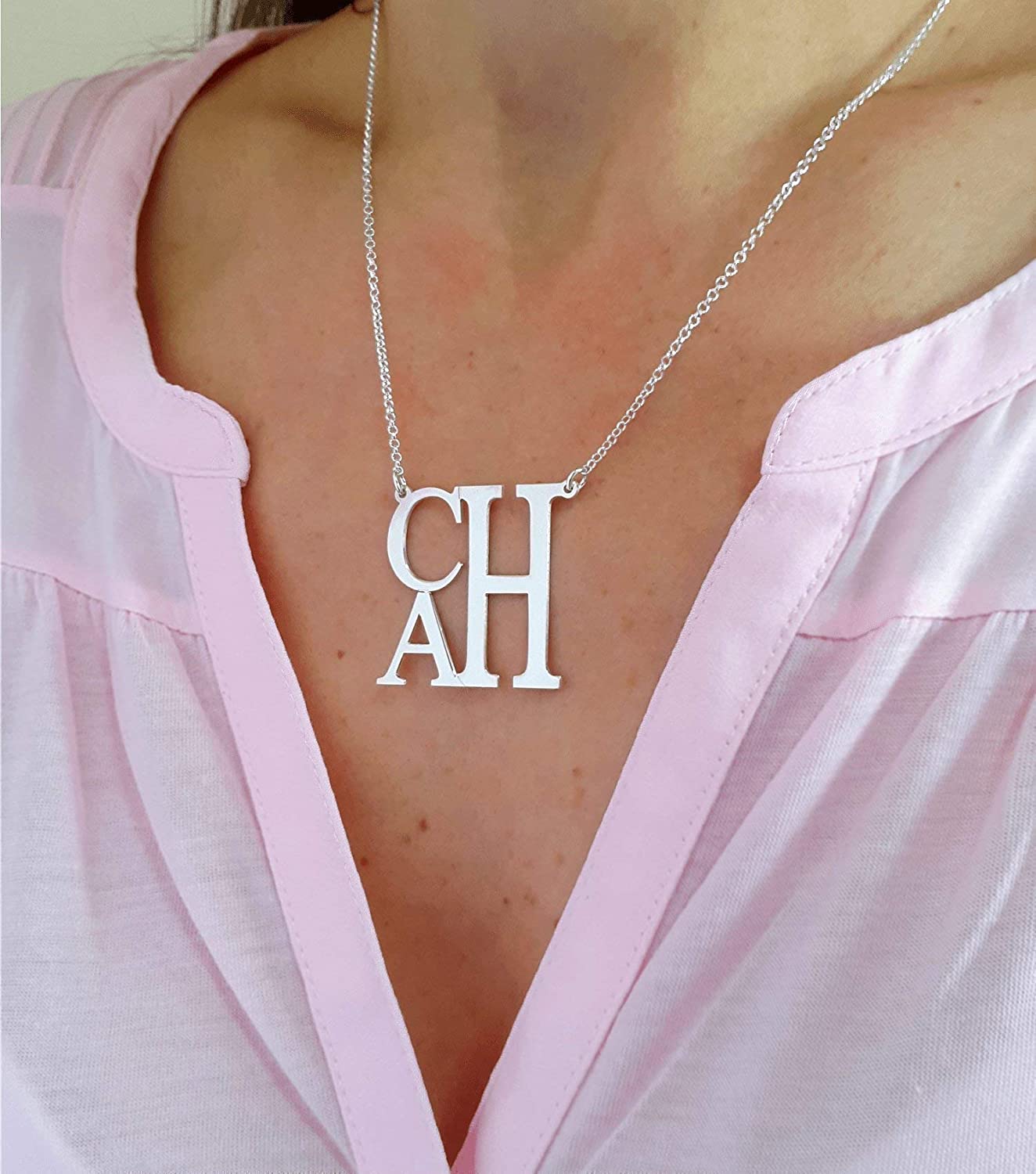 3 Initials Block Monogram Necklace, Sterling Silver, Personalized Jewelry Gifts, Christmas gift