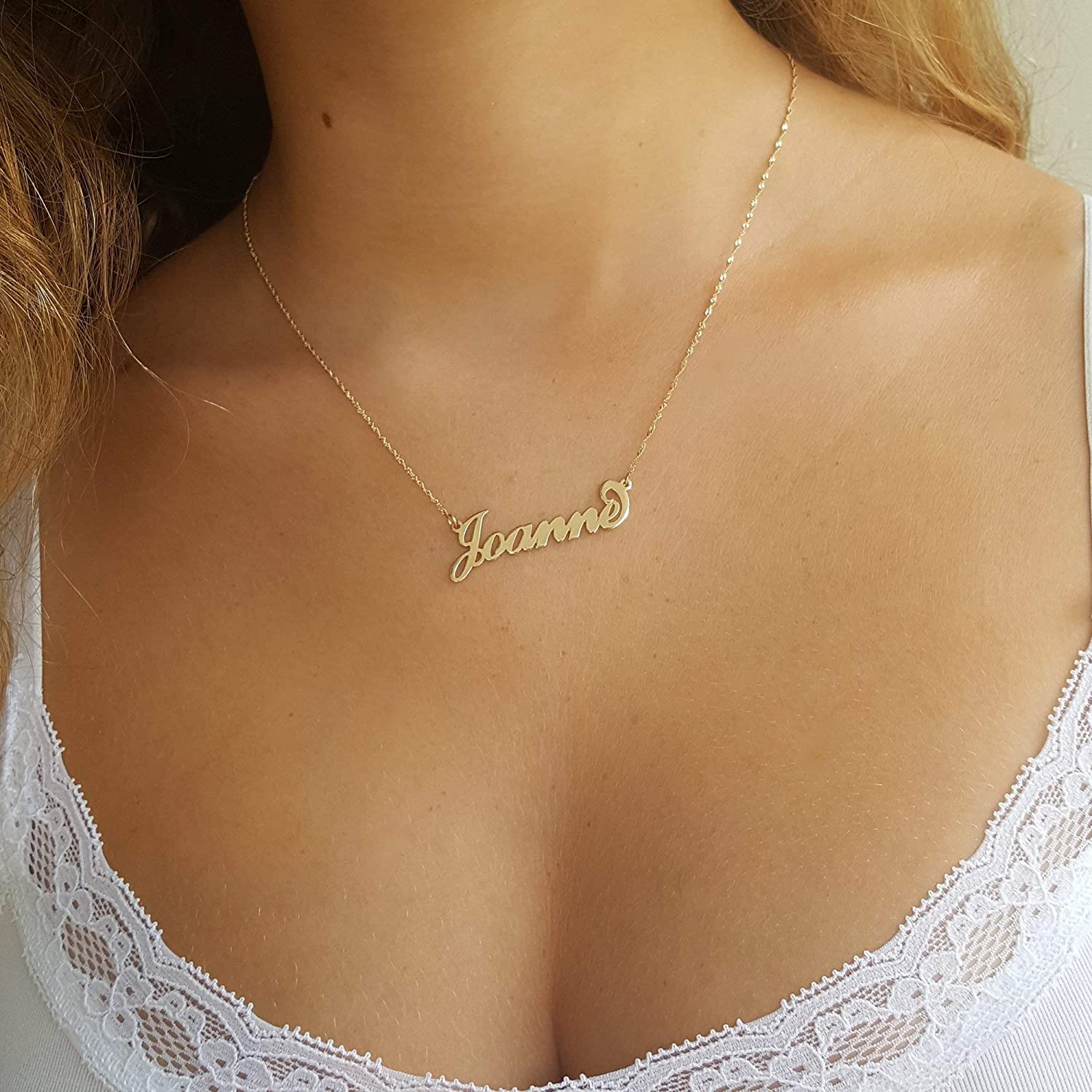 14K Solid Gold Personalized Custom Name Necklace, Script with Initial Name Plate Necklace, Jewelry for Girl Women