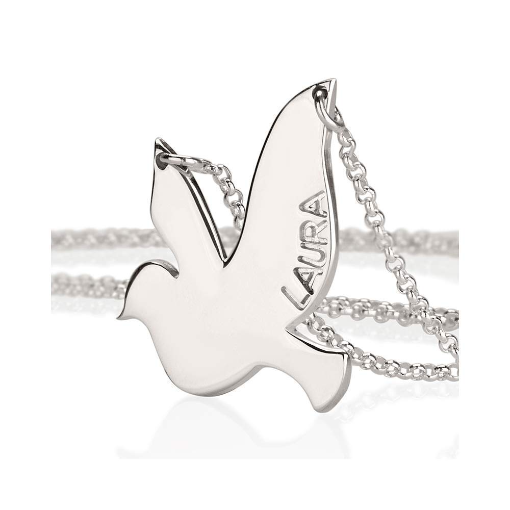 Personalized Dove Necklace, Engrave Any Word, 925 Sterling Silver Peace and Love Jewelry