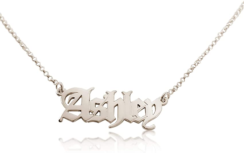 Hilis Jewelry Personalized Old English Name Necklace. Customized Gothic Font Style Any Nameplate Pendant, 925 Sterling Silver Or 18K Gold or Rose Plated Necklace, Gift for Woman